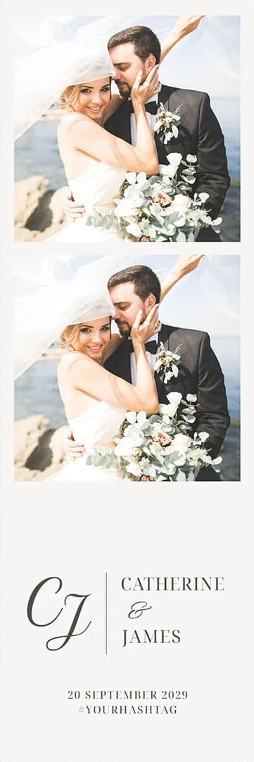 Fotostreifen-Design für Hochzeiten: minimalistische weiße Vorlage mit Monogramm, Namen und Datum