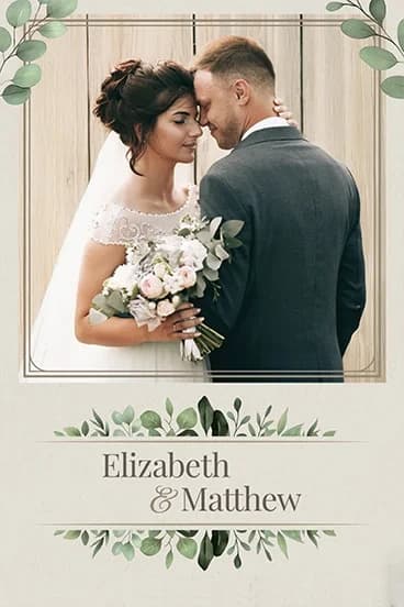 Foto-Design für Hochzeiten im Postkartenformat 10×15: rustikale Eukalyptus-Vorlage mit den Namen des Brautpaars