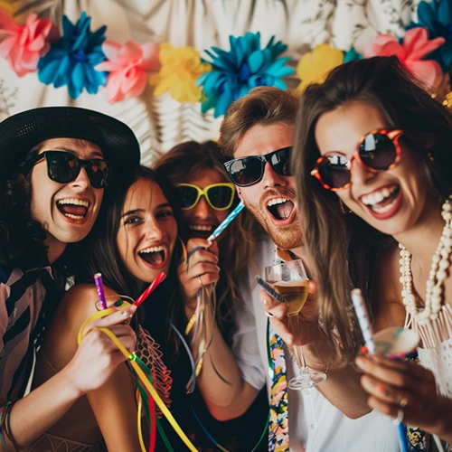 Ein Gruppe Partygäste hat Spaß mit einer gemieteten Fotobox